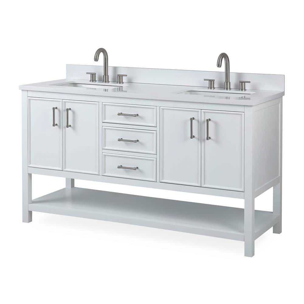 Felton 60" White Wood Double Sink Bathroom Vanity with Quartz Top