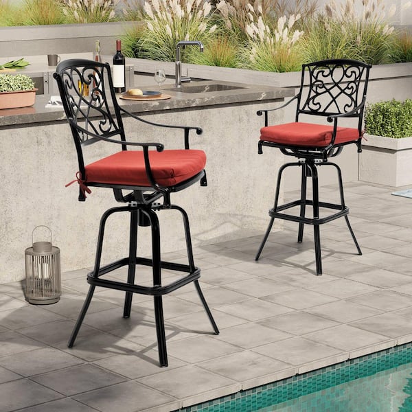 Swivel Cast Aluminum Outdoor Bar Stool with Sunbrella Red Cushion (2-Pack)