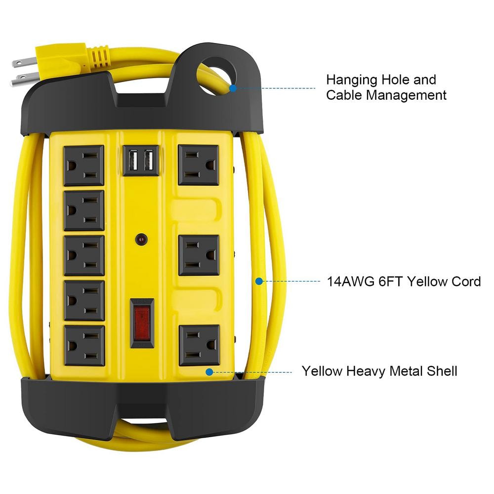 Yellow Heavy Duty Industrial Metal Power Strip with USB and 6 ft Cord