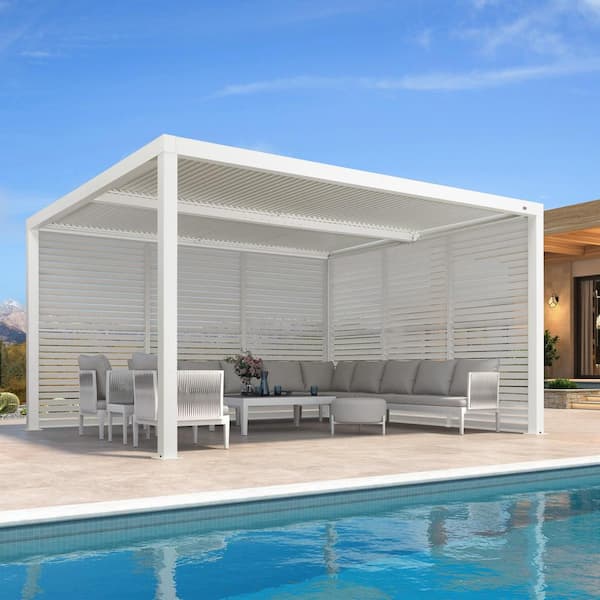 12 ft. x 14 ft. White Aluminum Louvered Pergola with 2 Individual Sunshade Roofs and 1-Long 1-Short Side Shutter Wall