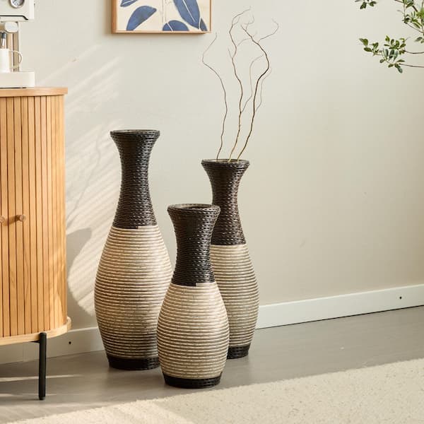 27.56 in. H x 23.62 in. H x 19.69 in. H 3-Piece Black and White PVC Decorative Vase, Classic Artificial Vine Floor Vase