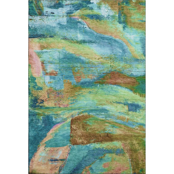 Mayfield Premium Machine Washable Abstract AMF2040 Teal 3 ft. x 5 ft. Area Rug