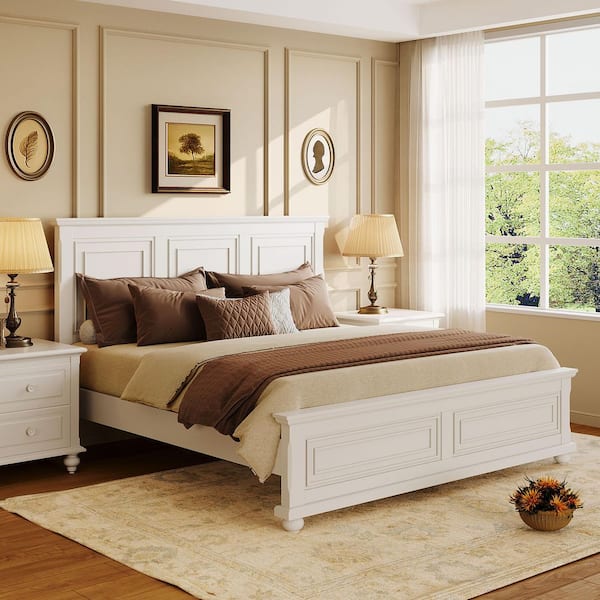 White Vintage Style Wood Frame King Size Platform Bed with Sturdy Pinewood Frame and Legs