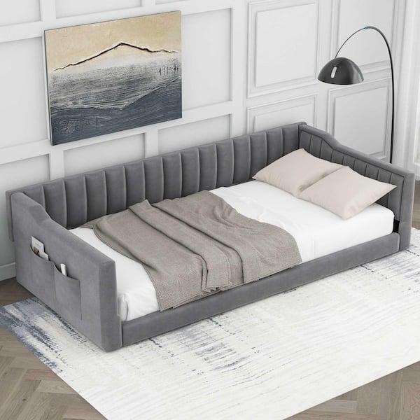 Gray Twin Size Daybed with Side Storage Pocket