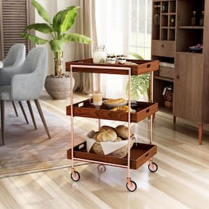 Stonega Walnut and Rose Gold Kitchen Cart with Caster Wheels
