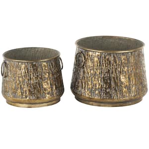 11 in., and 10 in. Medium Brass Metal Abstract Textured Planter with Gray Weathered Spots and Ring Handles (2- Pack)