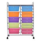 Multi-Colored Steel Frame 15-Drawer Utility Rolling Organizer Cart