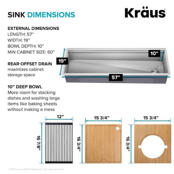 Kraus KWU12045 45 Inch Kore™ 2-Tier Workstation Kitchen Sink with 10-Piece  Chef's Kit, 16 Gauge Steel, Undermount Installation, Rear Off-Set Drain  Opening, and Rust Resistant Finish