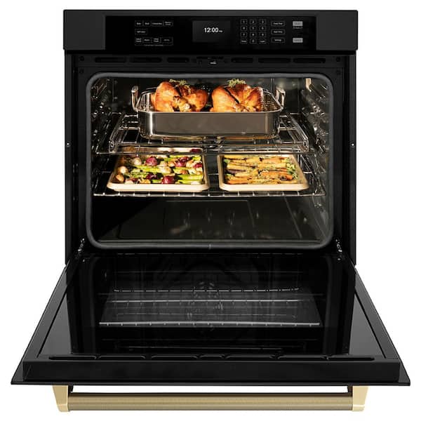 Autograph 30 in. True Convection Single Wall Oven with Air Fry in Black Steel with Champagne Bronze Helix Handle