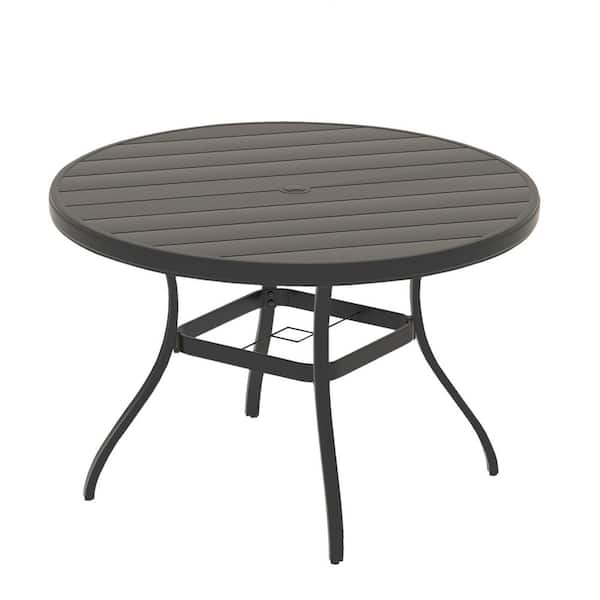 Outdoor Round Patio Dining Table for 6-7, All Weather Metal Dining Table with Umbrella Hole for Deck Lawn Garden, Black