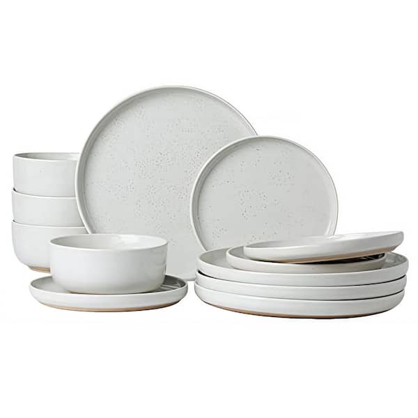 12 Pieces White Hand Painted Ceramic Dinnerware Sets Includes Dinner Plates Salad Plates Cereal Bowls Dishes Set for 4