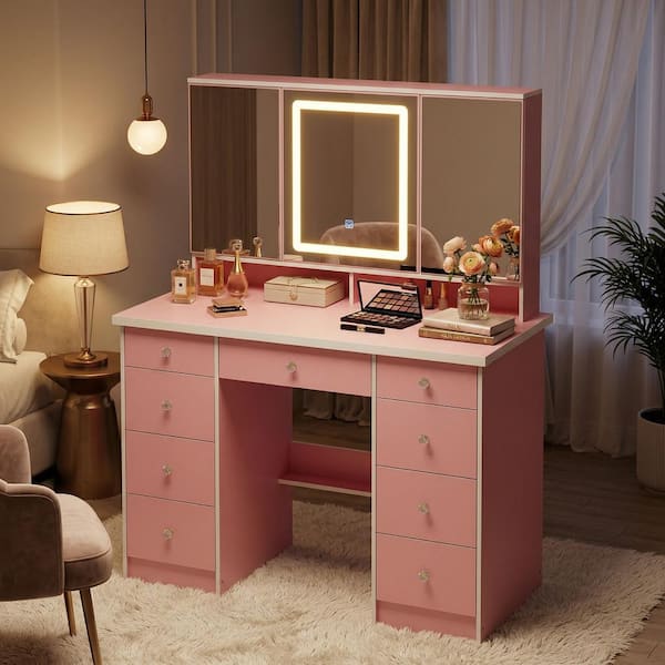 strapless open back dress Makeup Vanity Set with Trifold Mirror Pink