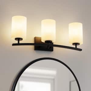 24 in. 3-Light Black Vanity Light with White Cylinder Glass Shades for Bathroom, Living Room, Entryway