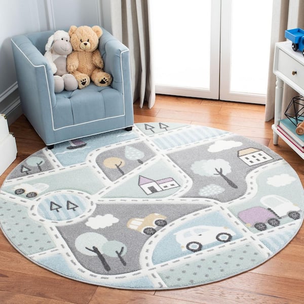 Carousel Kids 7 ft. x 7 ft. Gray/Light Blue Neighborhood Roads Round Area Rug