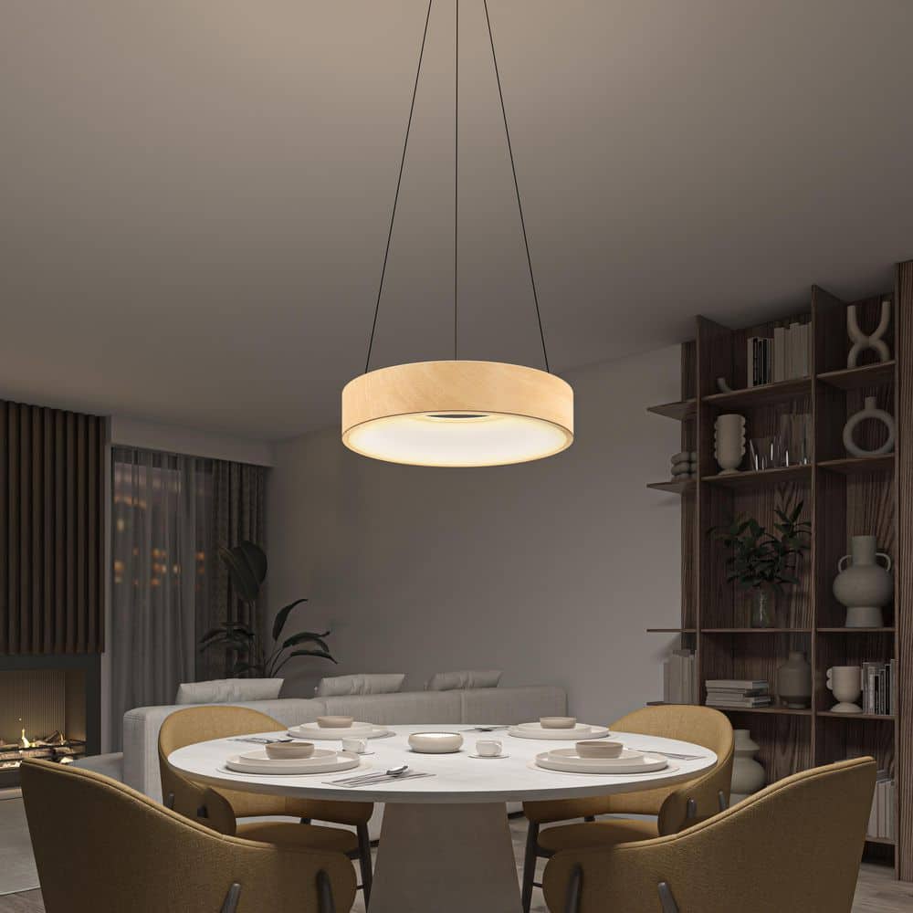 Aiden Drum 31-Watt 1 Light Matte Black and Wood Modern 5 CCT Integrated LED Pendant Light Fixture price history on PriceWatchPro