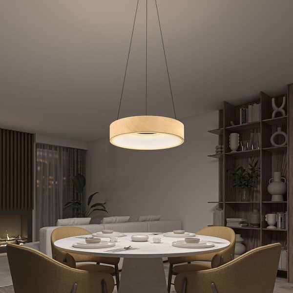 Artika Aiden Drum 31-Watt 1 Light Matte Black and Wood Modern 5 CCT Integrated LED Pendant Light Fixture