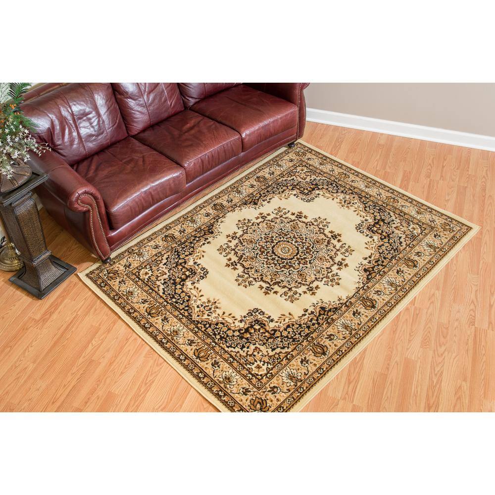 Ivory and Brown Synthetic Rectangular 5' x 7' Area Rug