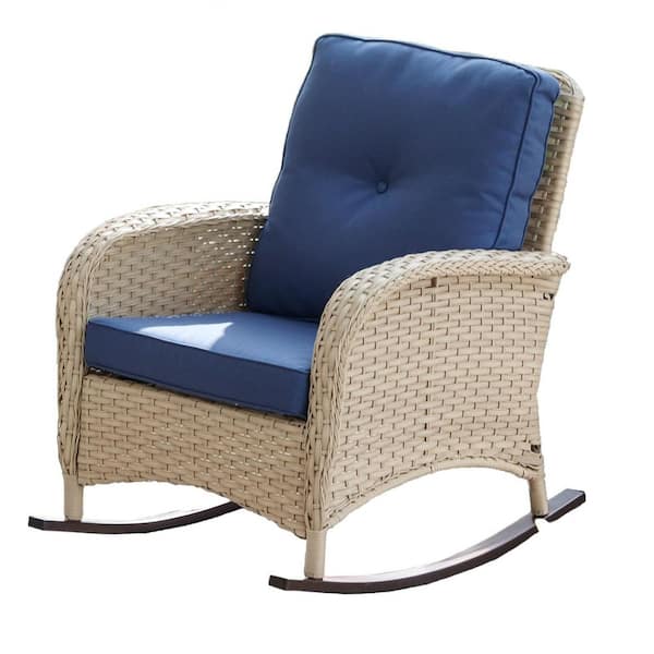 Gymojoy Carlos Light Beige Wicker Outdoor Rocking Chair with Olefin Blue Cushion 1-Pack