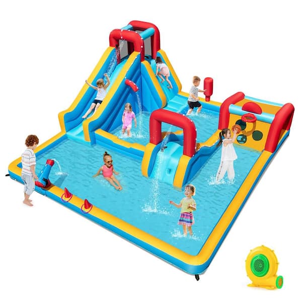 Inflatable Water Park Bounce House with Climbing Wall Boxing Post Basketball Rim 680W Blower