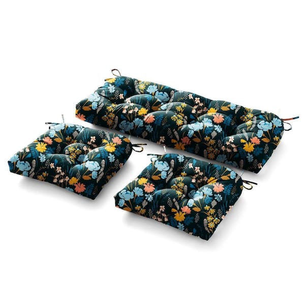 3 Piece Outdoor Loveseat Cushions Deep Seating 19"L x 44"W x 5 in. H For Patio Furniture Cushion With Tie, Black Flowers