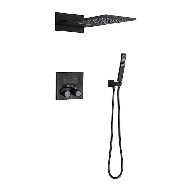 Temperature Display Copper 3-Spray Wall Mount Square Shower Faucet and Handheld Shower Faucet 1. 59GPM in Matte Black