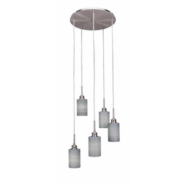 Unbranded Albany 60-Watt 19.75 in. 5 Light Nickel Shaded Pendant Light with 4 in. Gray Matrix Glass Shade, No Bulbs Included