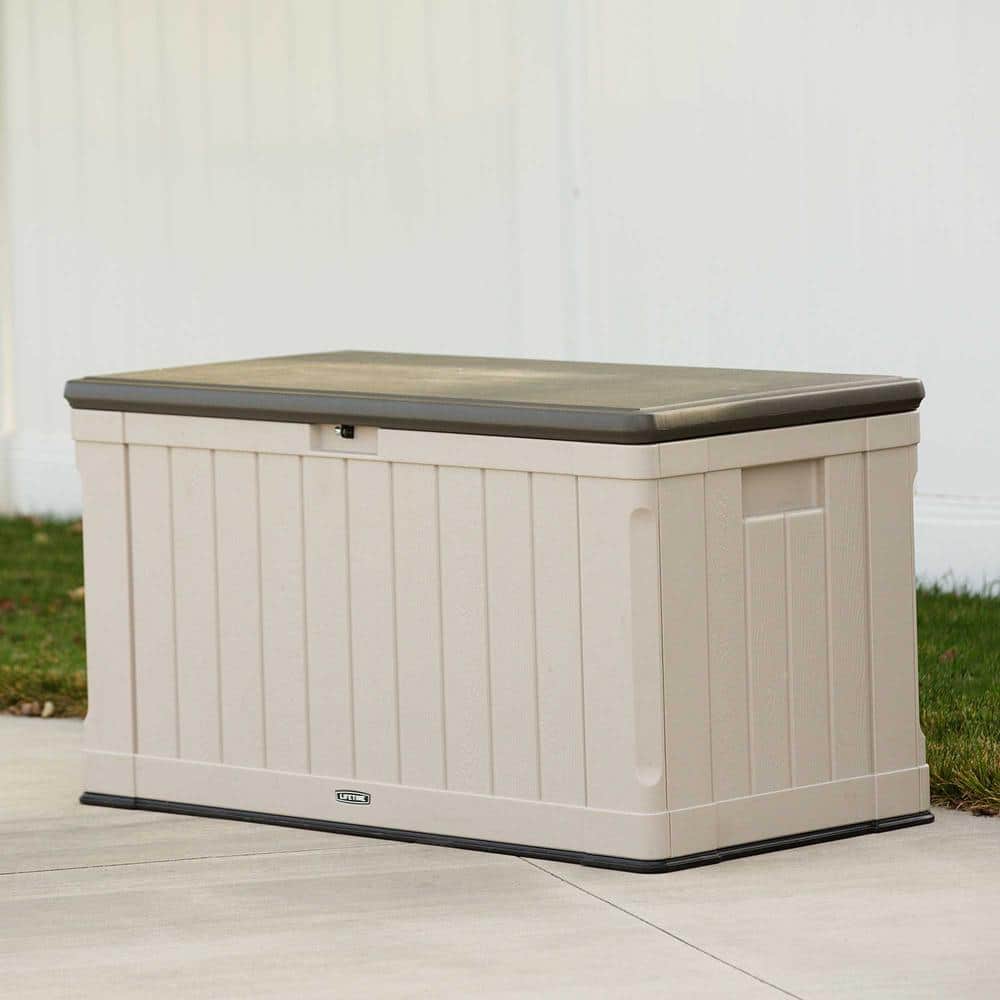 Tan and Brown Lockable 116 Gallon Plastic Deck Box