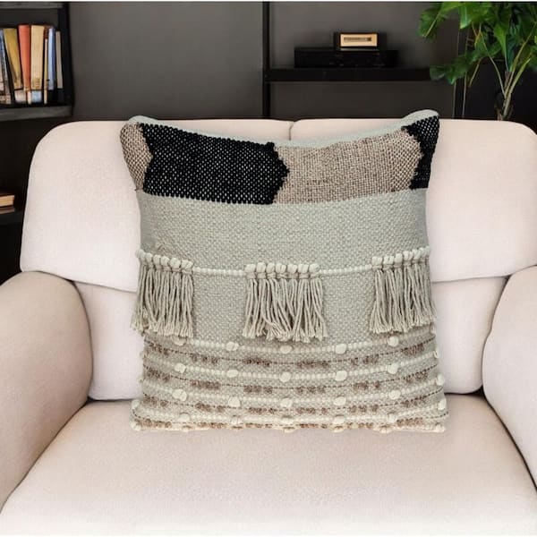 HomeRoots Beige, Gold Striped Polyester 18 in. x 18 in. Throw Pillow