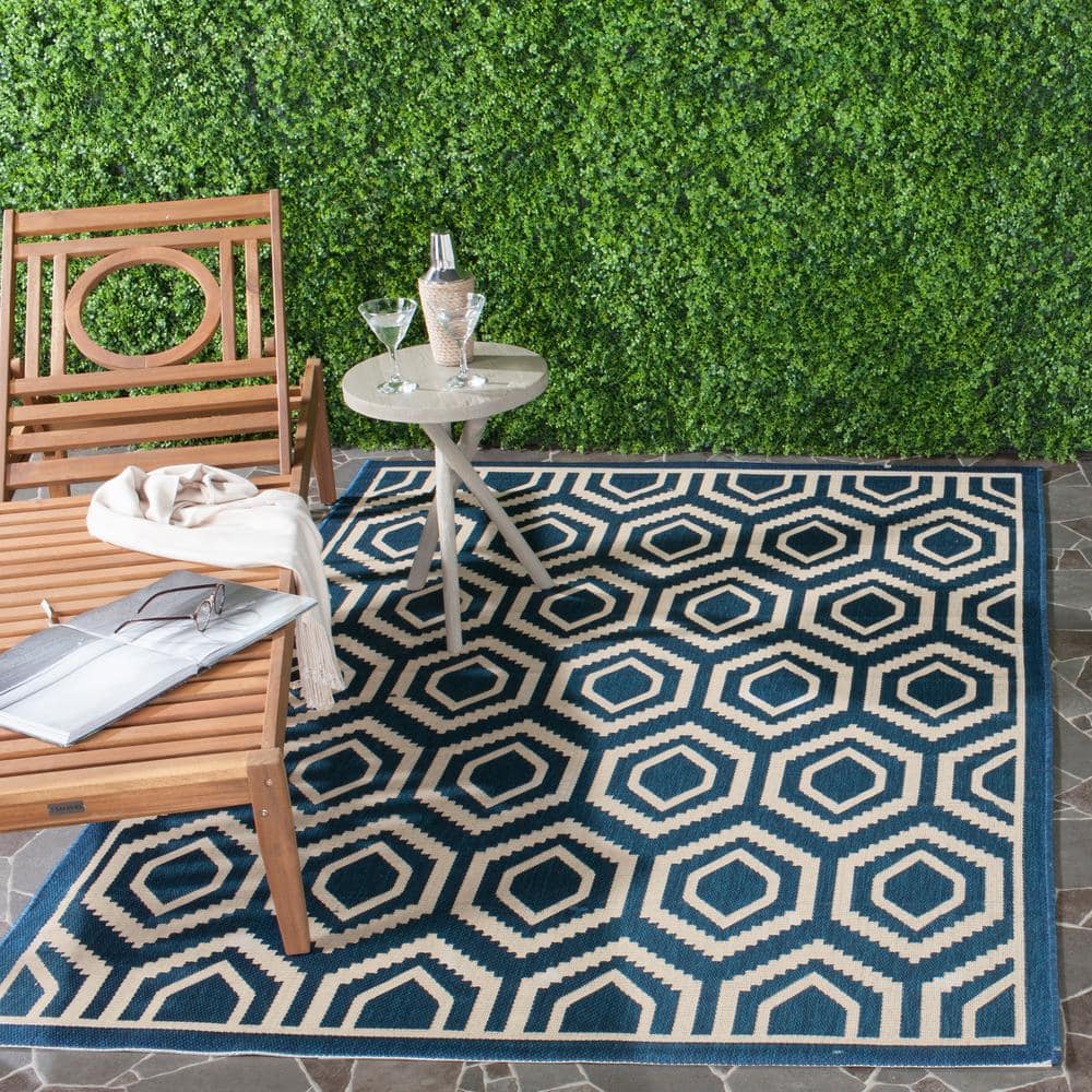Navy and Beige Honeycomb Pattern Indoor/Outdoor Rug, 9' x 12'