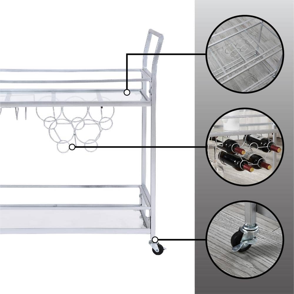 Silver Metal and Glass Bar Cart with Wine Rack