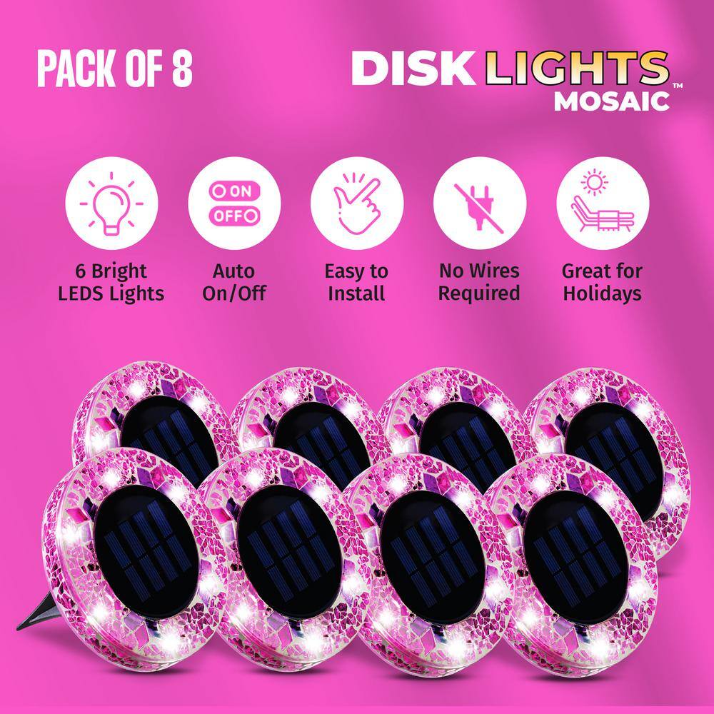 Pink Mosaic Solar LED Pathway Disk Lights Multipack