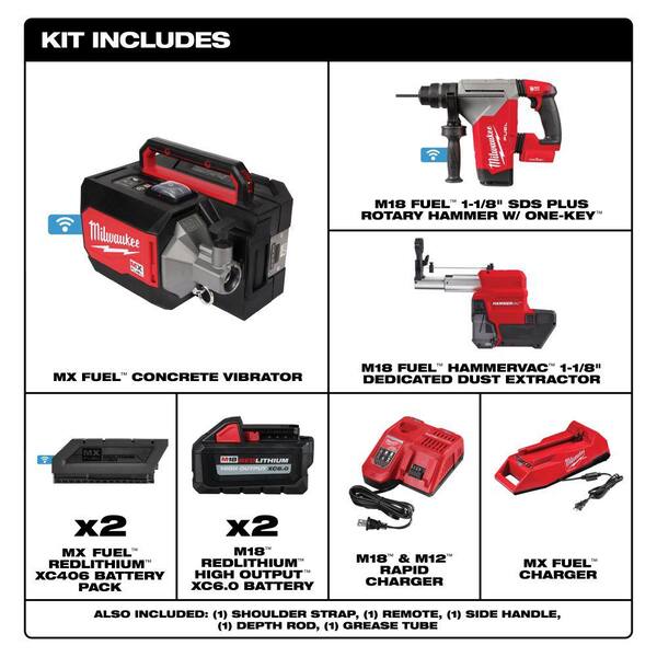 Milwaukee MX FUEL Lithium-Ion Cordless Briefcase Concrete Vibrator Kit W/M18 FUEL 1 in. SDS-Plus Rotary Hammer/Dust Extractor Kit