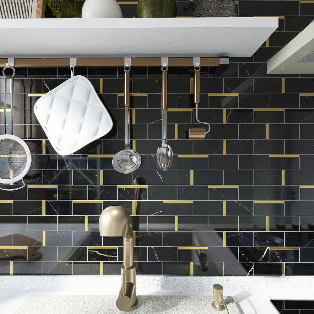 Bianco 12x12 Black and Gold Marble Brick Joint Mosaic Tile