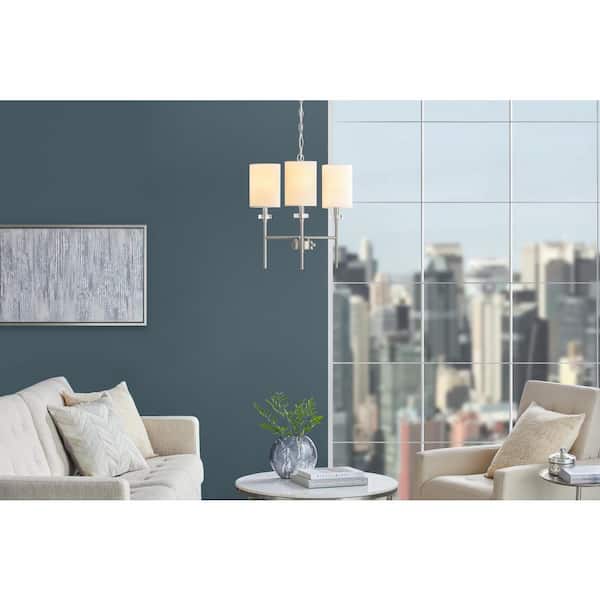 3 Light Modern Brushed Nickel Finish With Chandelier White Fabric Shades