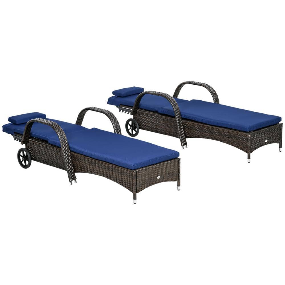 Outsunny Blue Cushioned Wicker Chaise Lounge Set with Adjustable Backrest