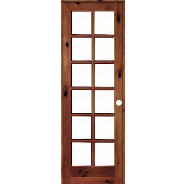 Krosswood Doors 32 in. x 96 in. Rustic Knotty Alder 12-Lite Left-Hand Clear Glass Red Chestnut Stain Wood Single Prehung Interior Door