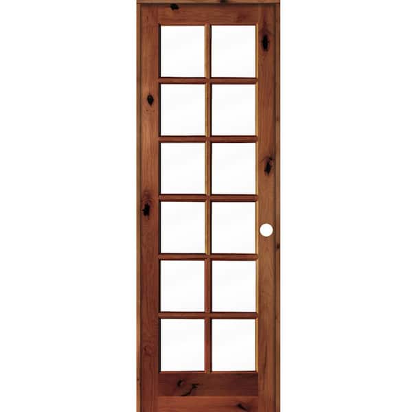 Krosswood Doors 36 in. x 96 in. Rustic Knotty Alder 12-Lite Left-Hand Clear Glass Red Chestnut Stain Wood Single Prehung Interior Door