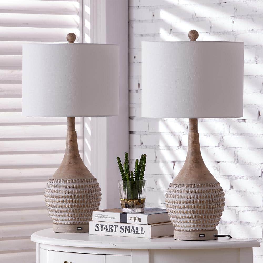 Salem 24 .75 in. Wood Brown Table Lamp Set with USB Set of 2
