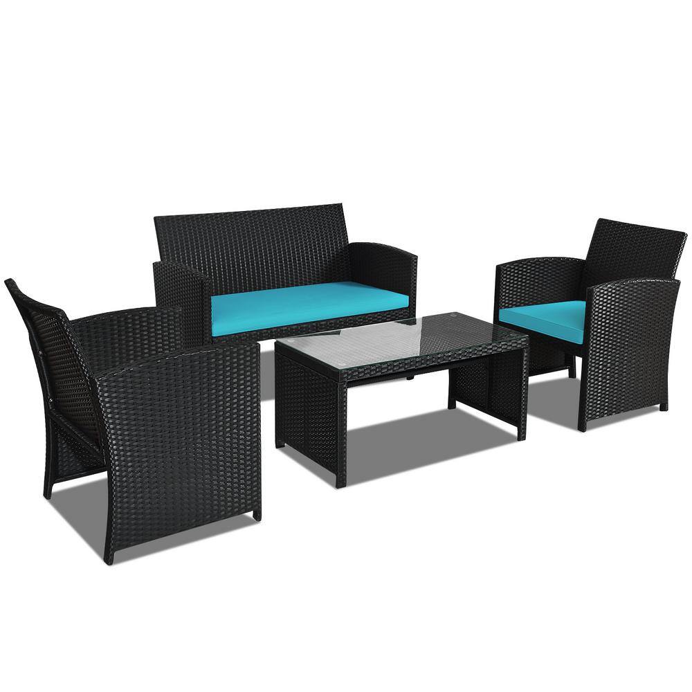 Turquoise Cushioned Black Wicker 4-Piece Patio Conversation Set