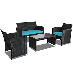 4-Pieces Rattan Wicker Patio Conversation Set with Turquoise Cushions and Tempered Glass Tabletop