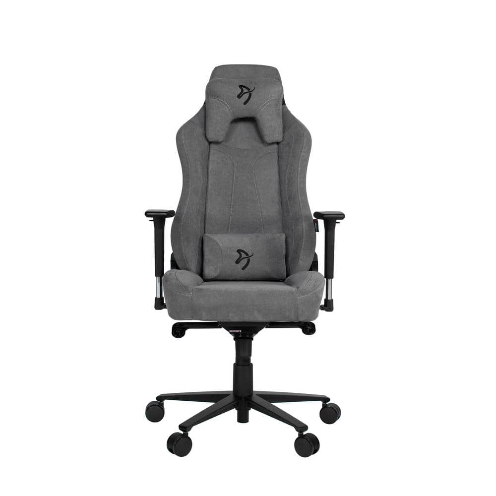 Grey fabric gaming chair with headrest and lumbar pillow facing forward.