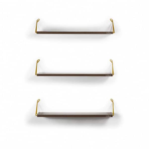 WEGATE Urbane Industrial Aged 3-Tiered Solid Wood and Metal Pipe Floating Wall Shelf, Corner Molding 24in.x7in. Walnut/Yellow