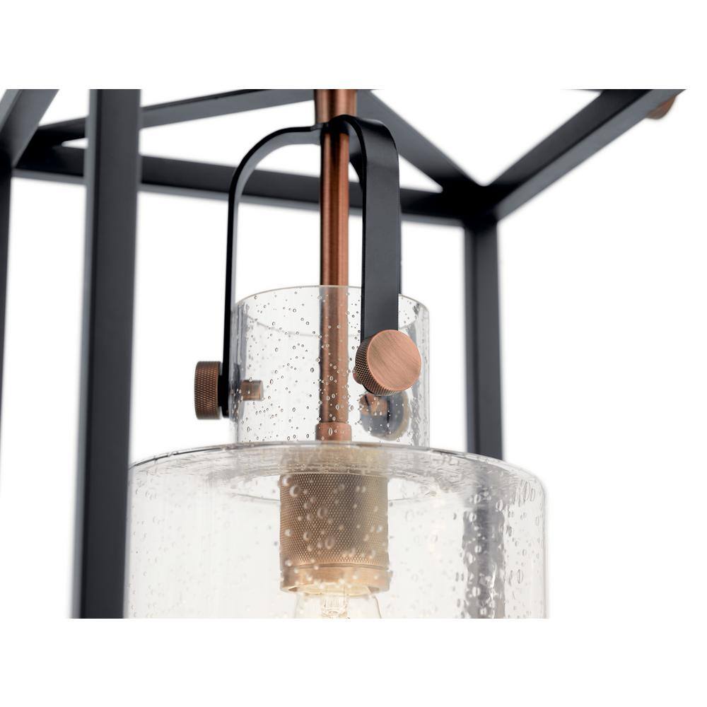 Black Steel Cage 3-Light Linear Chandelier with Clear Seeded Glass