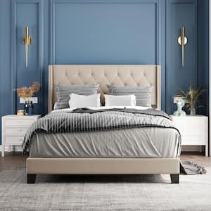 Beige Queen Size Upholstered Platform Bed with Classic Headboard