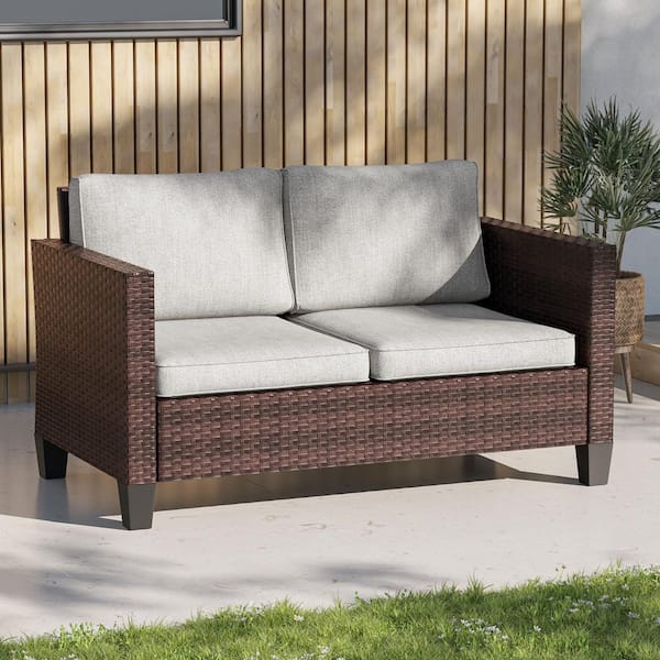 JOYESERY Metal Frame Brown Wicker Outdoor Loveseat Patio Chaise Lounge with High Back and Linen Gray Cushions