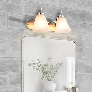 17 in. 2-Light Brushed Nickel Bath Vanity Light Fixture with Bell Shape Frosted Glass Shade
