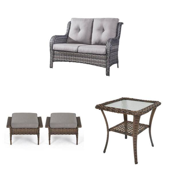 2-Seat Wicker Loveseat with Gray Cushions, 2-Pack Ottoman Footstool with Gray Cushions and Wicker Side Table