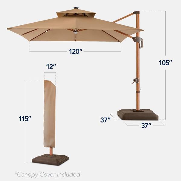 best choice products 10 solar led patio offset umbrella tan Best Choice Products 10 ft. Metal Pole Cantilever 2-Tier Square Outdoor  Solar LED Patio Umbrella in Tan SKY8622