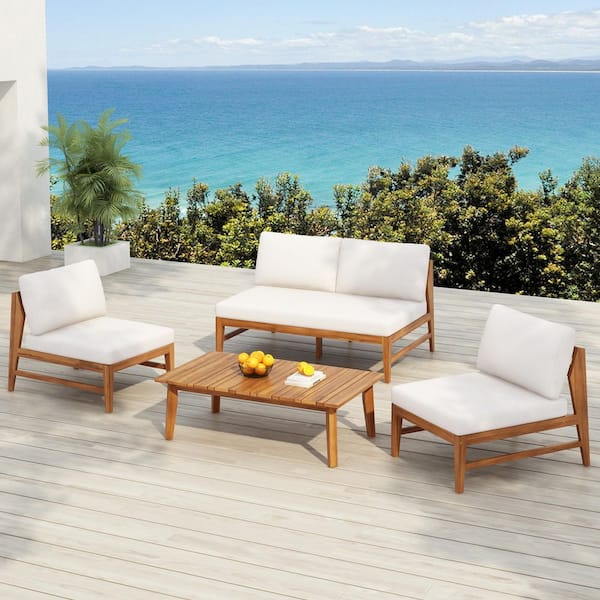 Maura 4-Piece Solid Wood Outdoor Patio Conversation Set with Cream Cushions, Slatted Back, Teak Finish