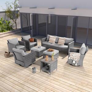 Patio Outdoor Grey Wicker Conversation Seating Set Thickening Cushions With Swiveling Rocker, 8-Piece, Linen Grey